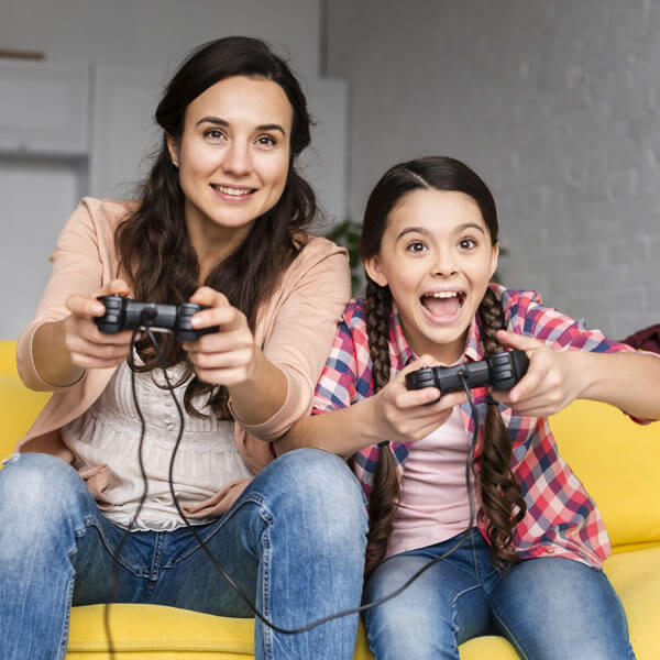 mother daughter playing-video-games-together
